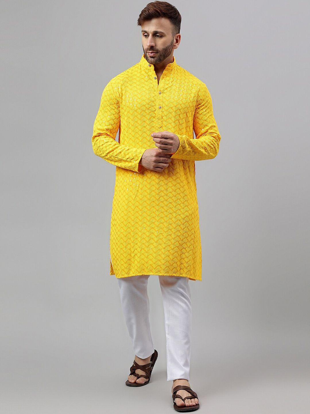 hangup embroidered sequin mandarin collar regular kurta with pyjamas