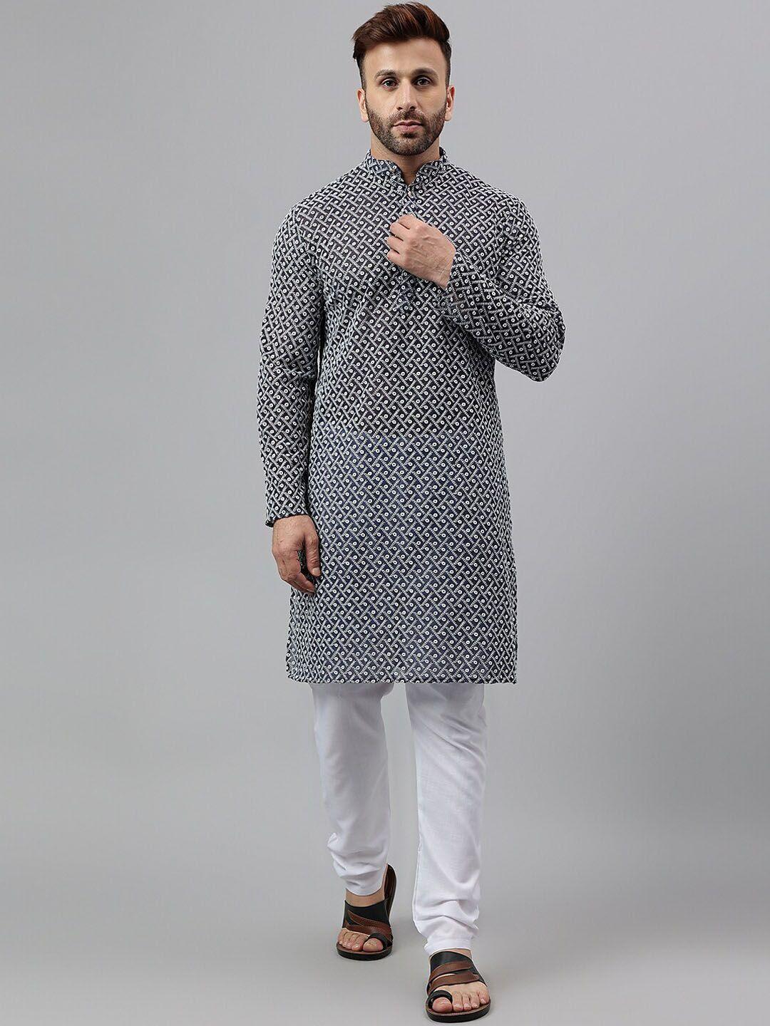 hangup embroidered sequin mandarin collar regular kurta with pyjamas