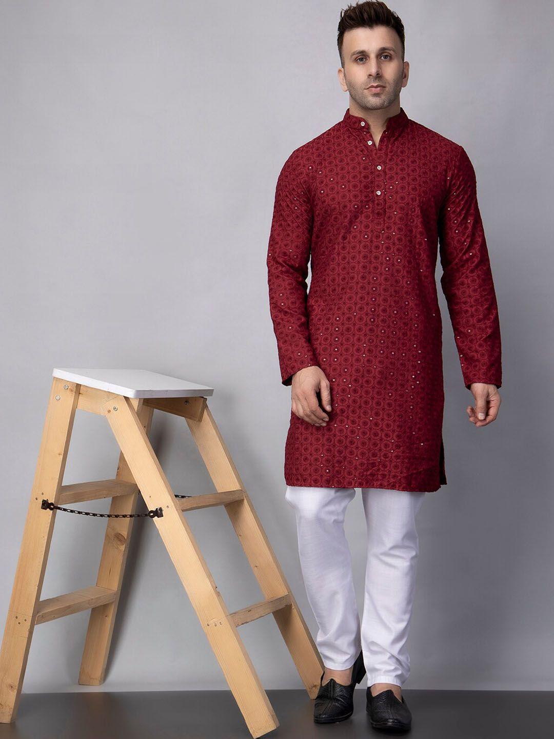 hangup embroidered sequins mandarin collar straight kurta with pyjama