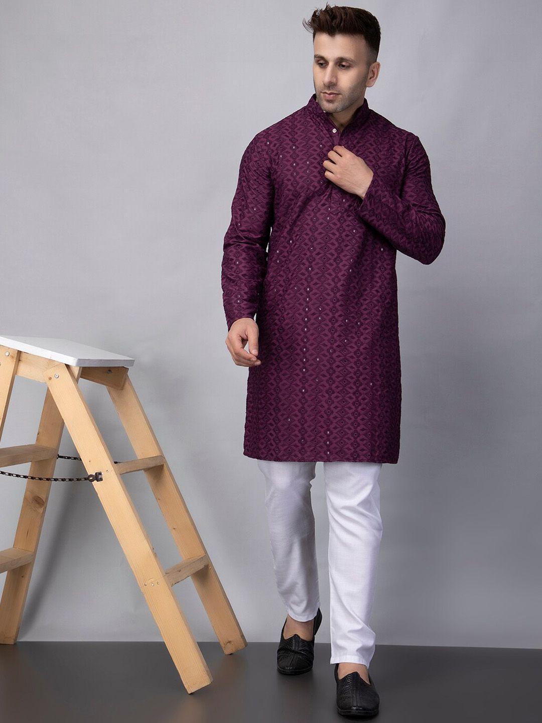 hangup geometric mandarin collar full sleeves thread work straight kurta with pyjamas