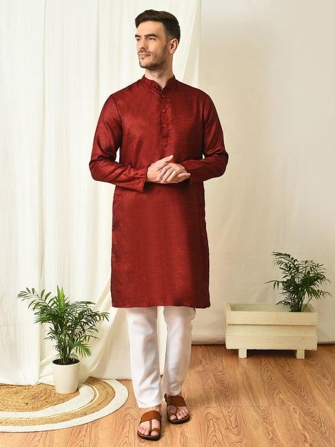 hangup maroon regular fit texture kurta & pyjamas set