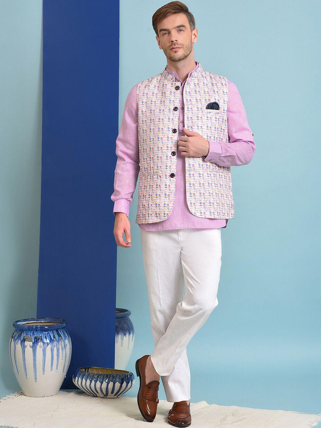 hangup men 3 pcs shirt with trouser & printed nehru jacket ethnic suit