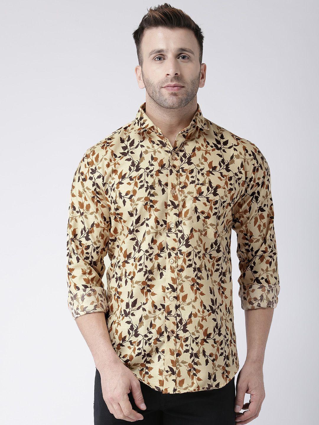 hangup men beige & brown slim fit printed casual shirt