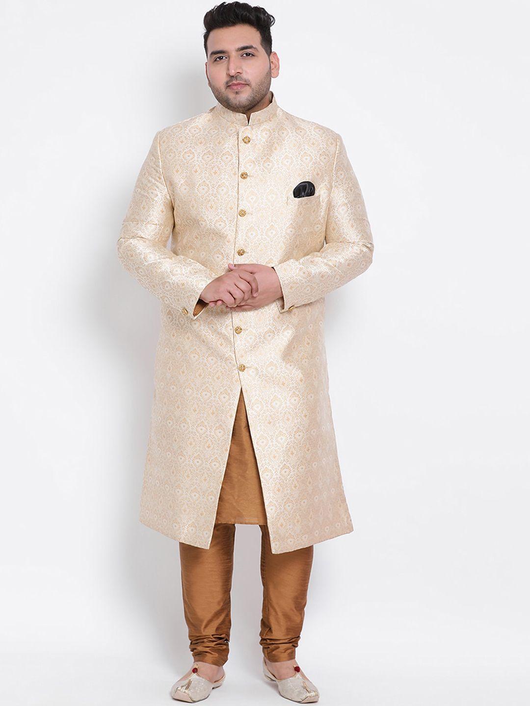 hangup men beige & copper-coloured woven-design sherwani