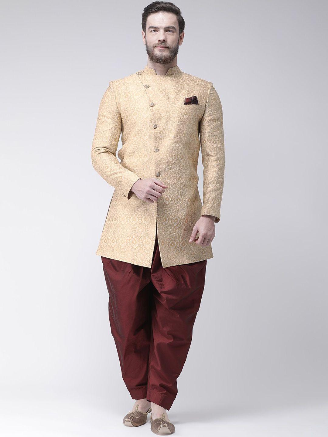 hangup men beige & maroon printed sherwani