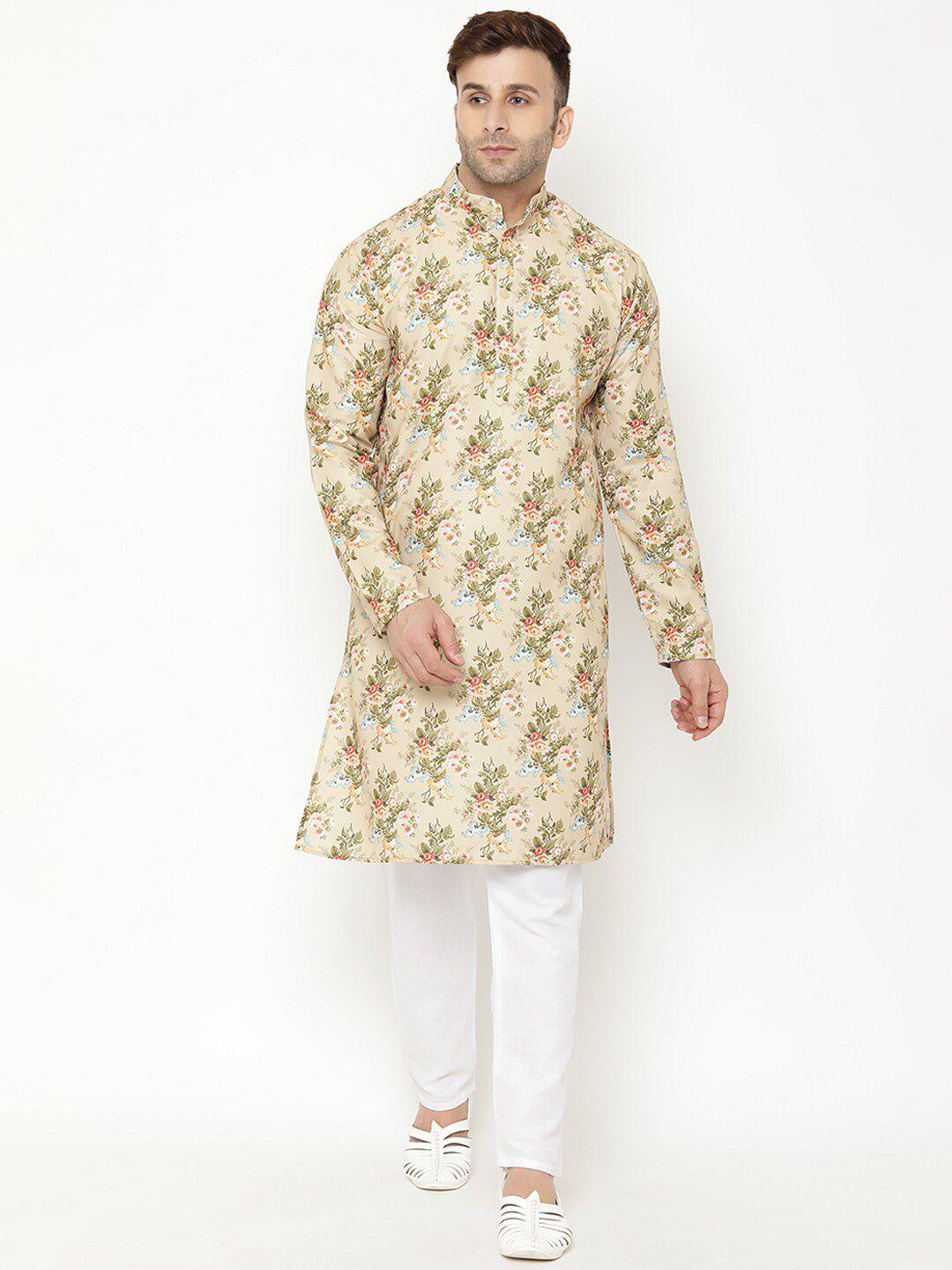 hangup men beige floral printed cotton blend kurta with pyjamas