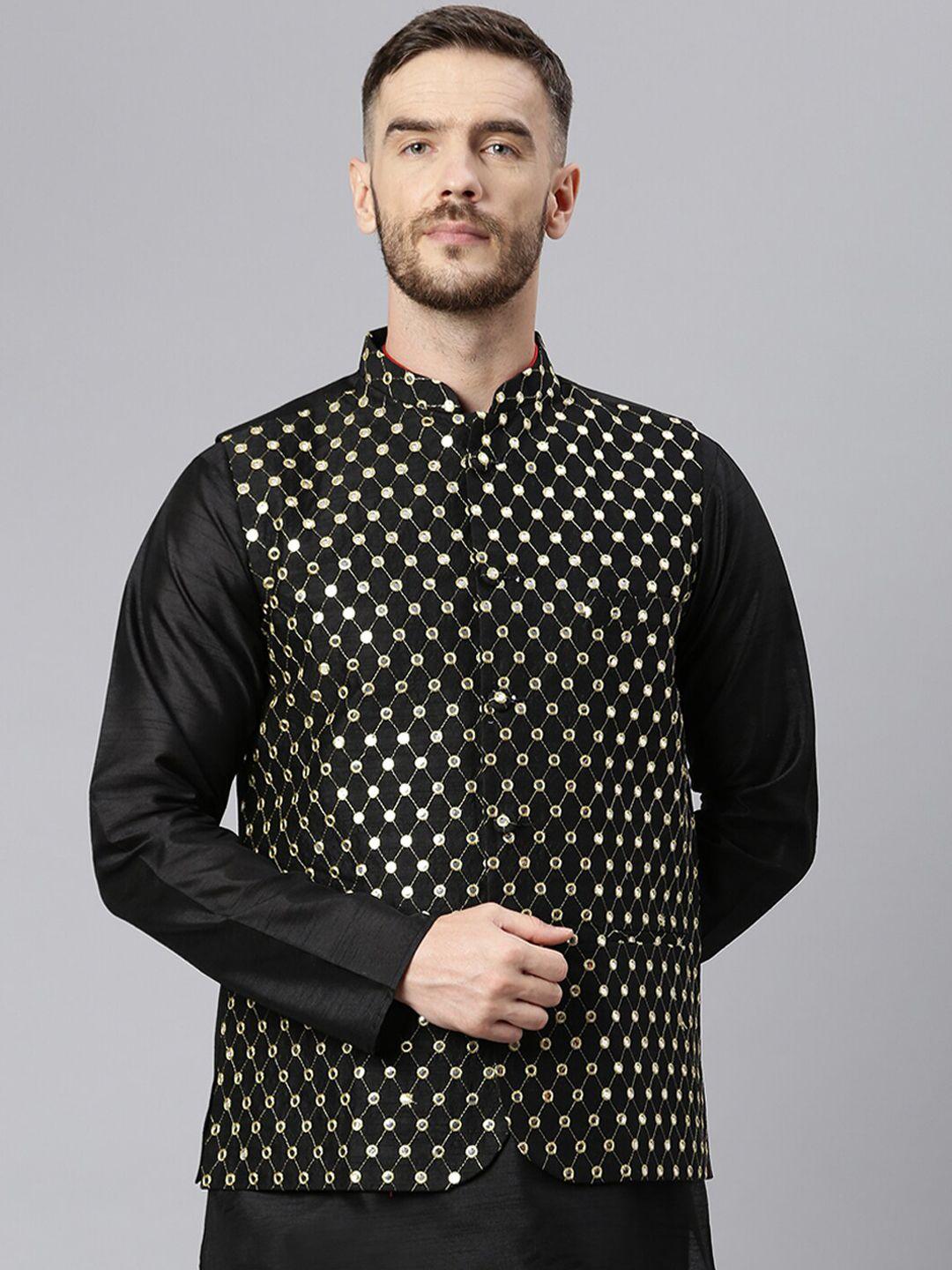 hangup men black & gold-coloured embroidered woven nehru jacket