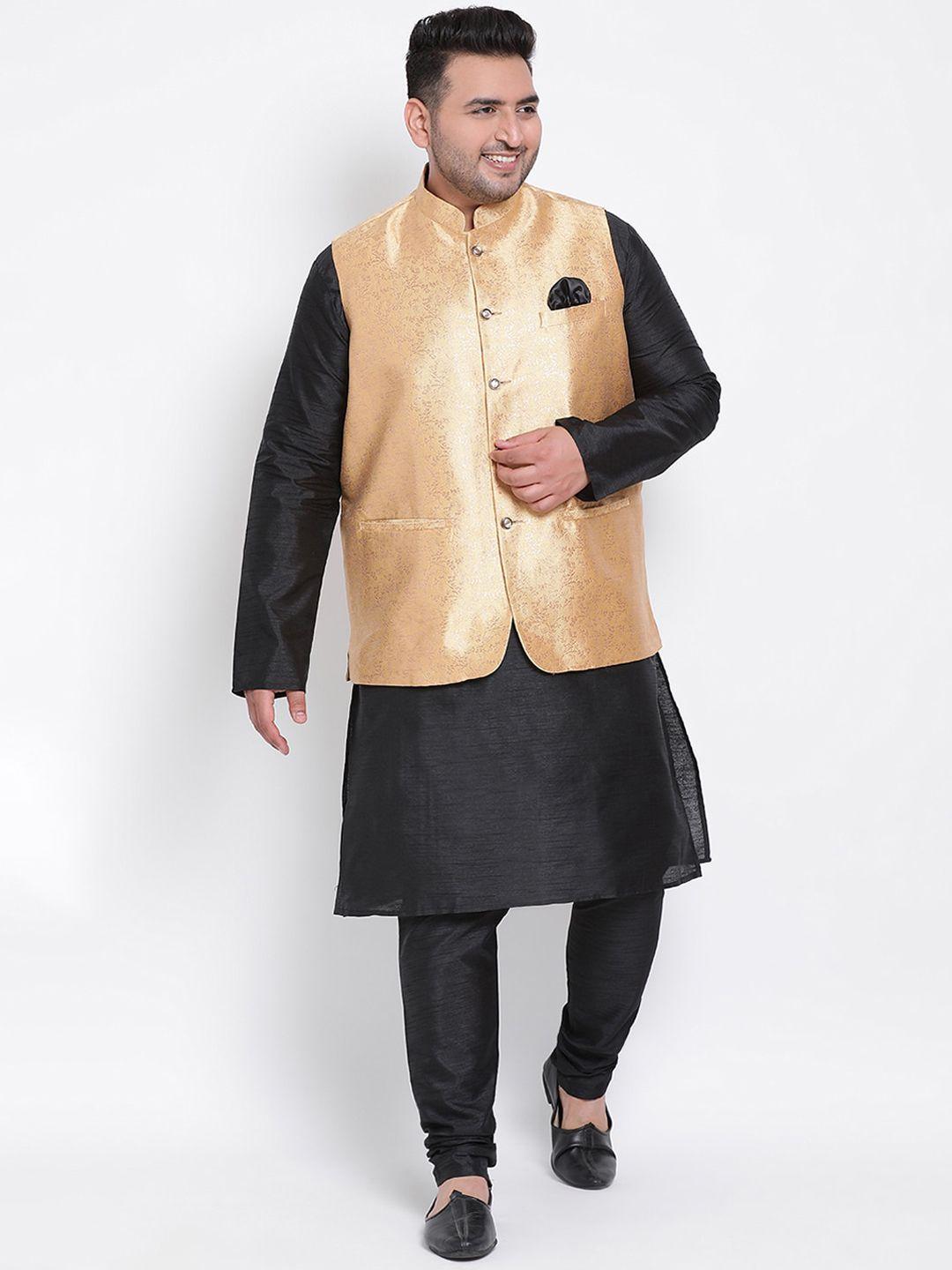 hangup men black & gold-toned solid dupion silk kurta with churidar & jacket