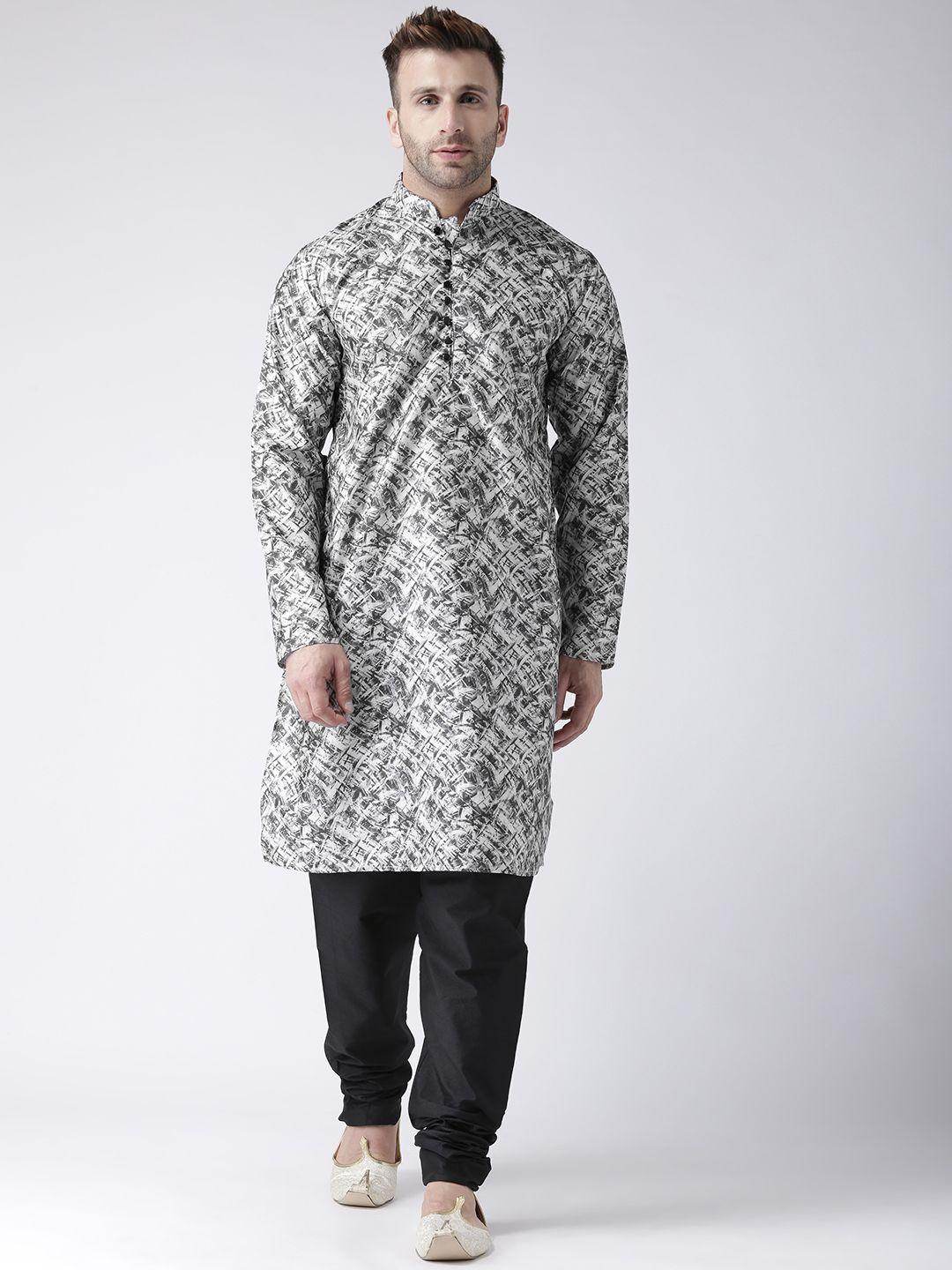 hangup men black & grey art silk printed kurta with pyjamas