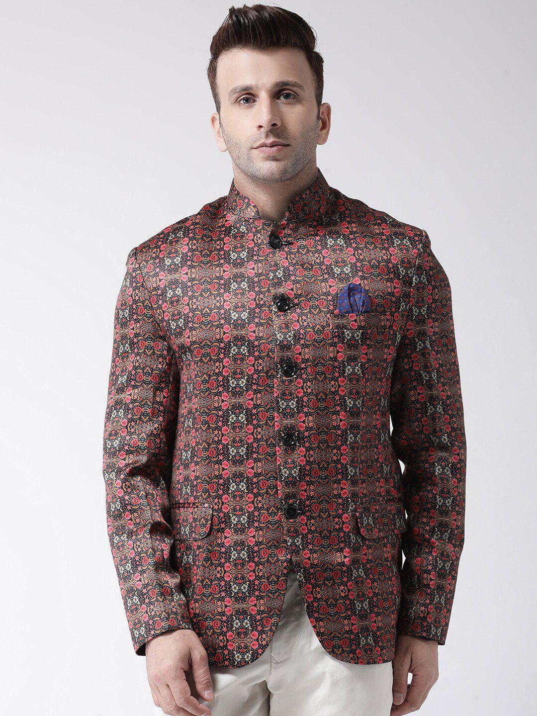 hangup men black & red printed bandhgala blazer