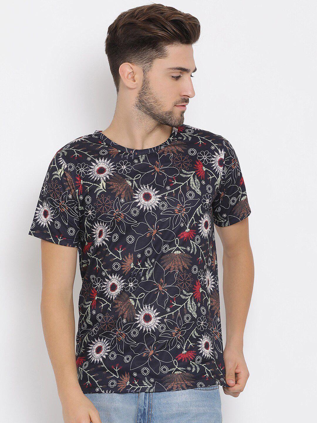 hangup men black & white floral print round neck t-shirt