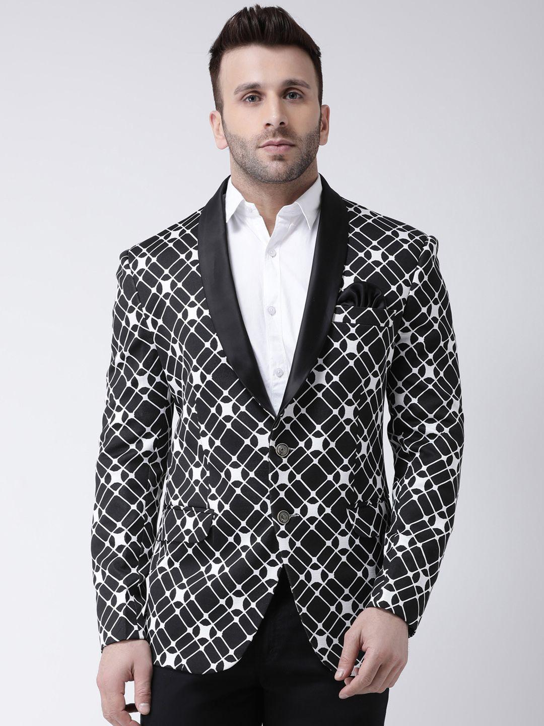 hangup men black & white printed party pure cotton blazer