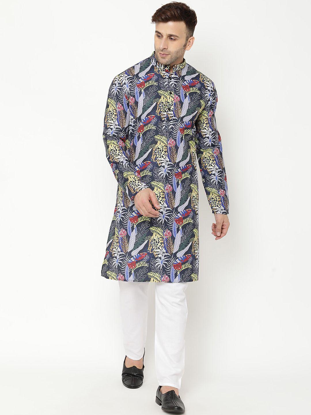 hangup men black floral printed kurta with pyjamas