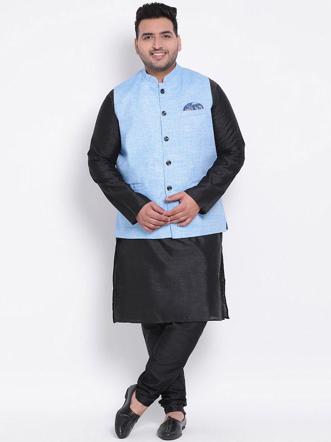 hangup men black linen kurta with pyjamas & nehru jacket set