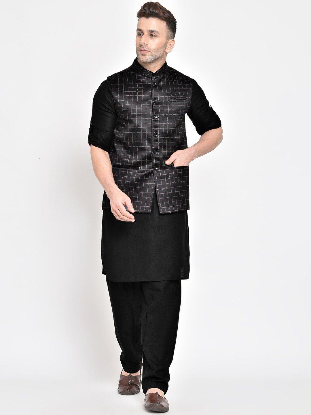 hangup men black printed kurta with pyjamas & nehru jacket set