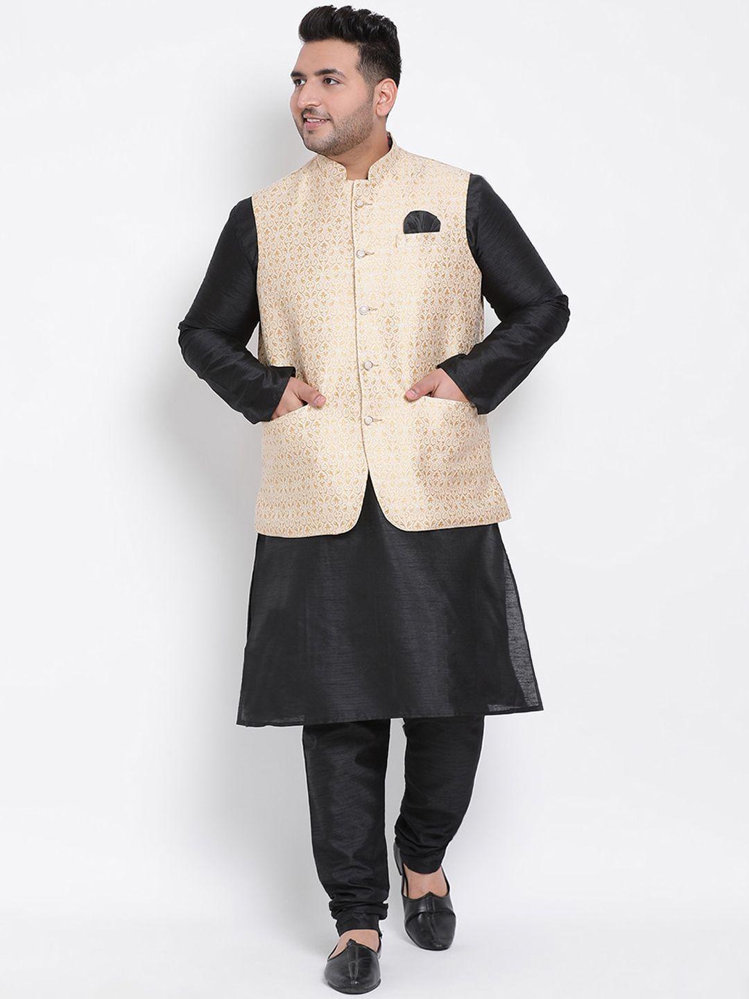 hangup men black solid kurta with churidar & nehru jacket