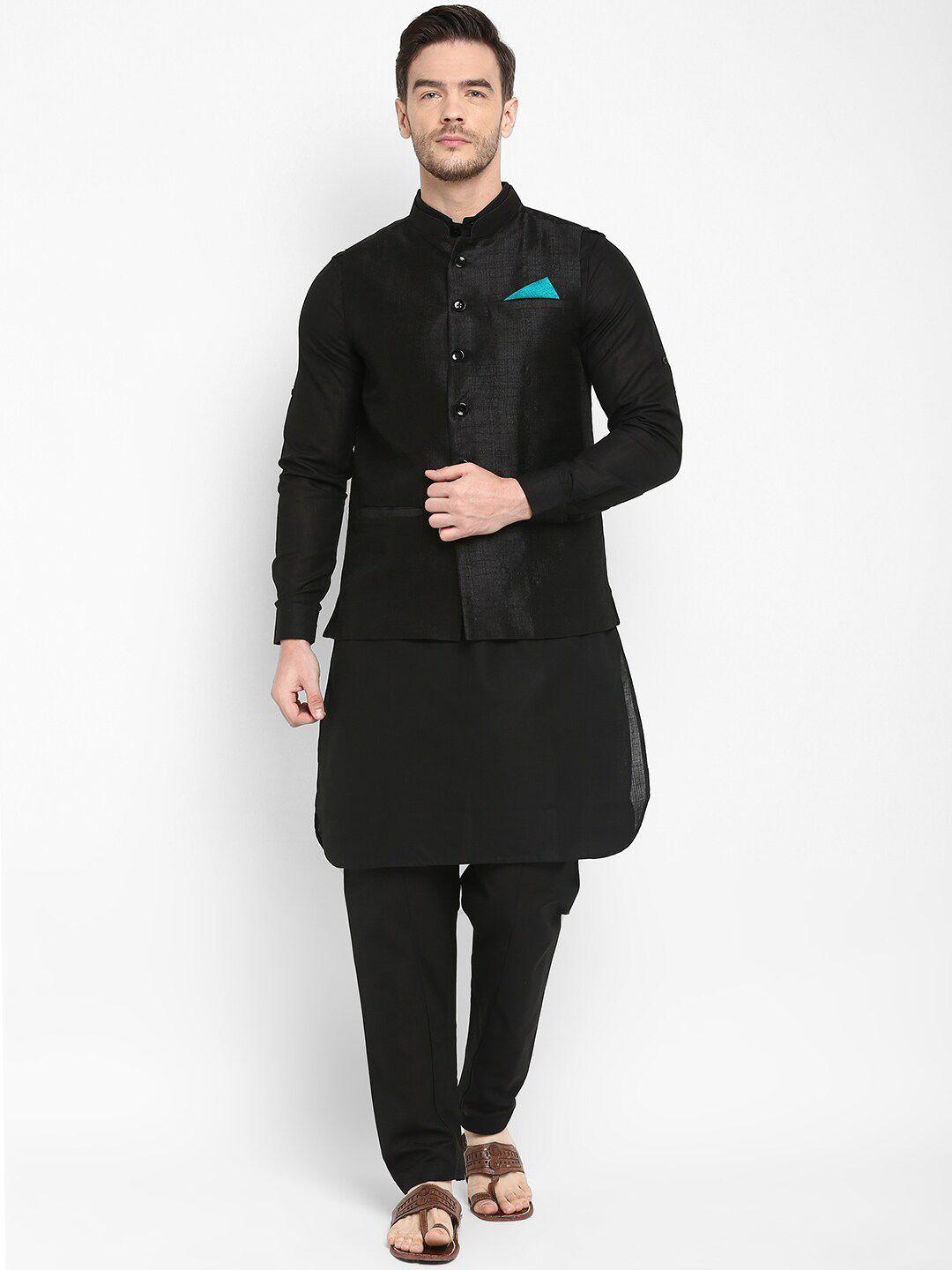 hangup men black solid kurta with patiala & waistcoat