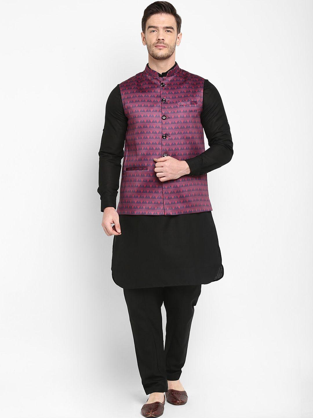 hangup men black solid kurta with patiala & waistcoat