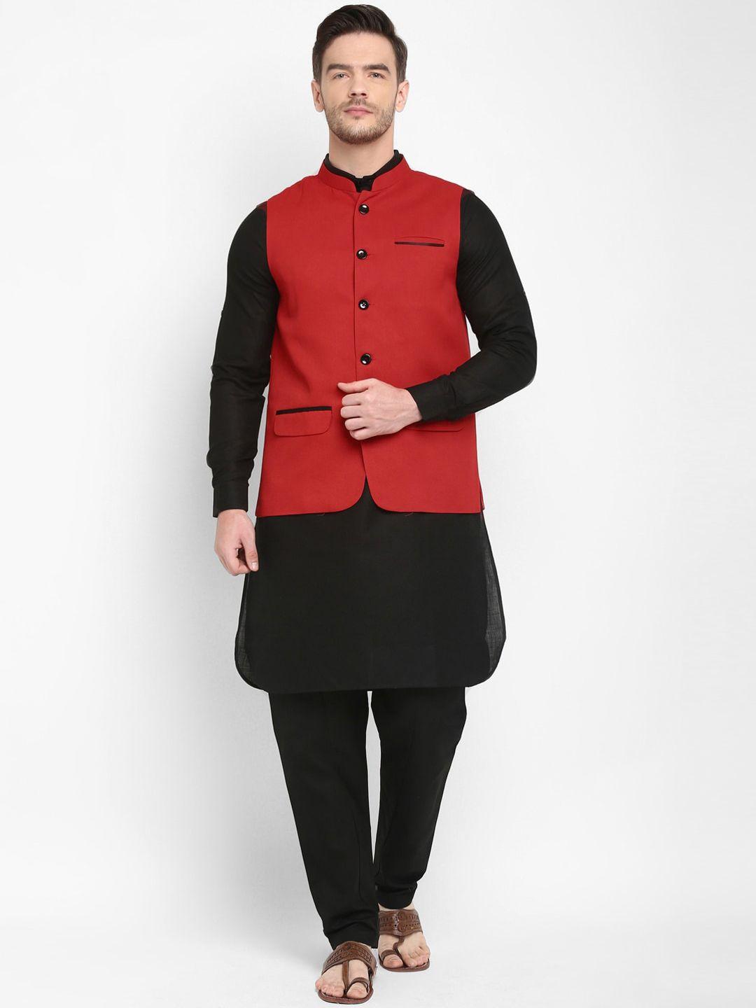 hangup men black solid kurta with patiala & waistcoat