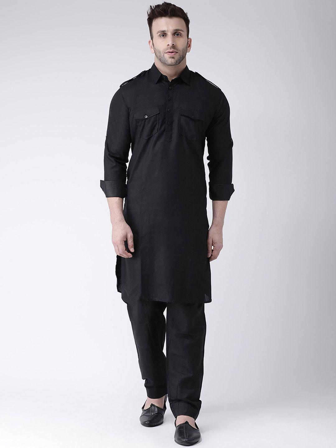 hangup men black solid kurta with pyjamas