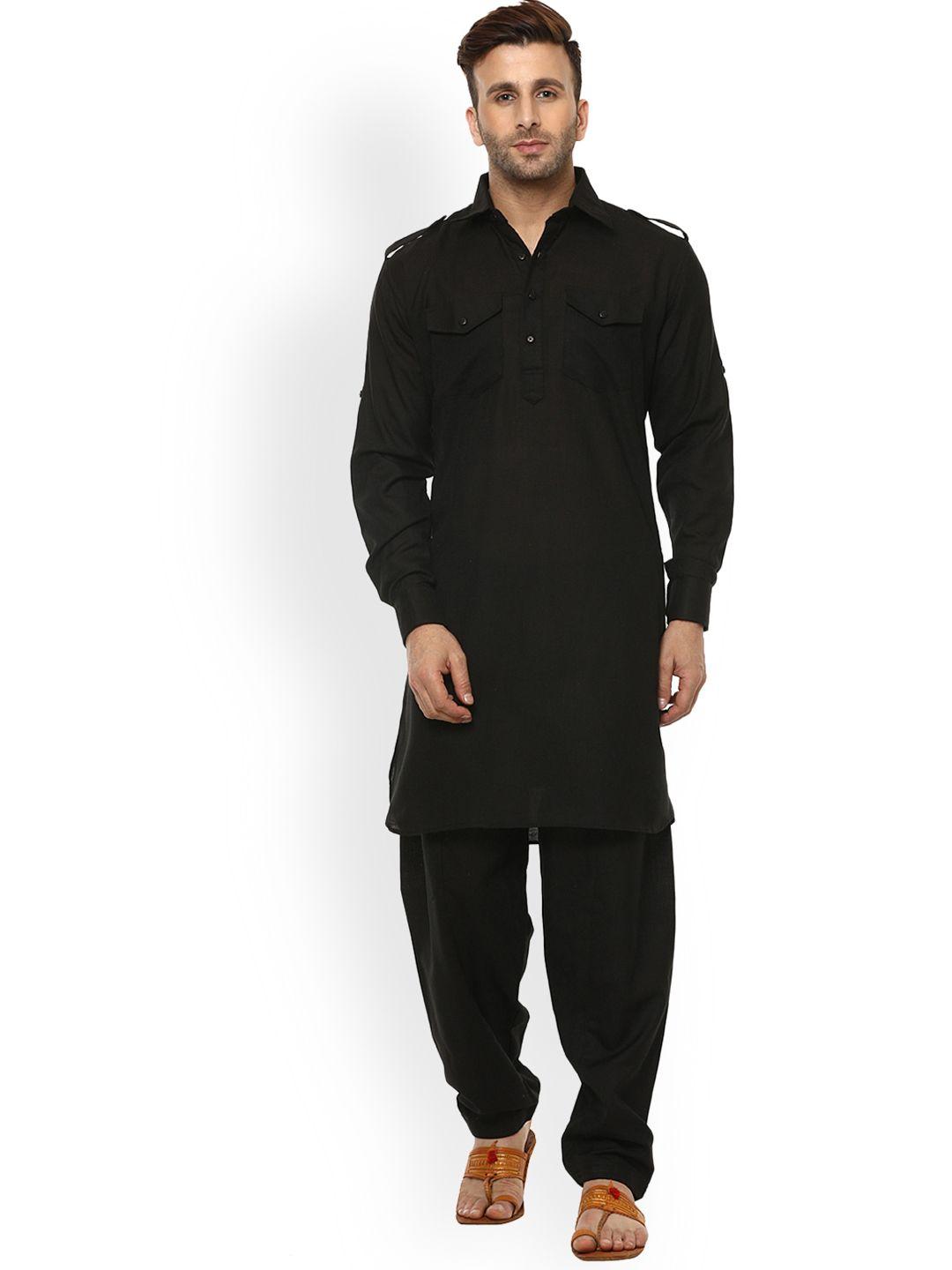 hangup men black solid pathani kurta pyjama