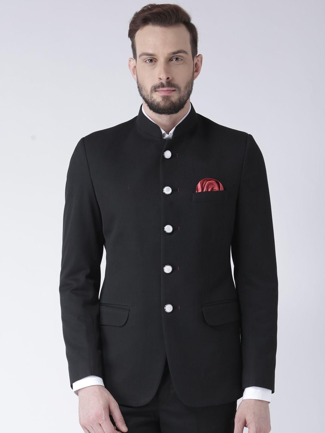 hangup men black solid single-breasted bandhgala casual blazer