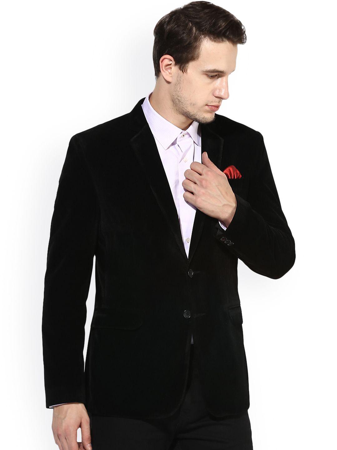 hangup men black velvet regular fit single-breasted party blazer