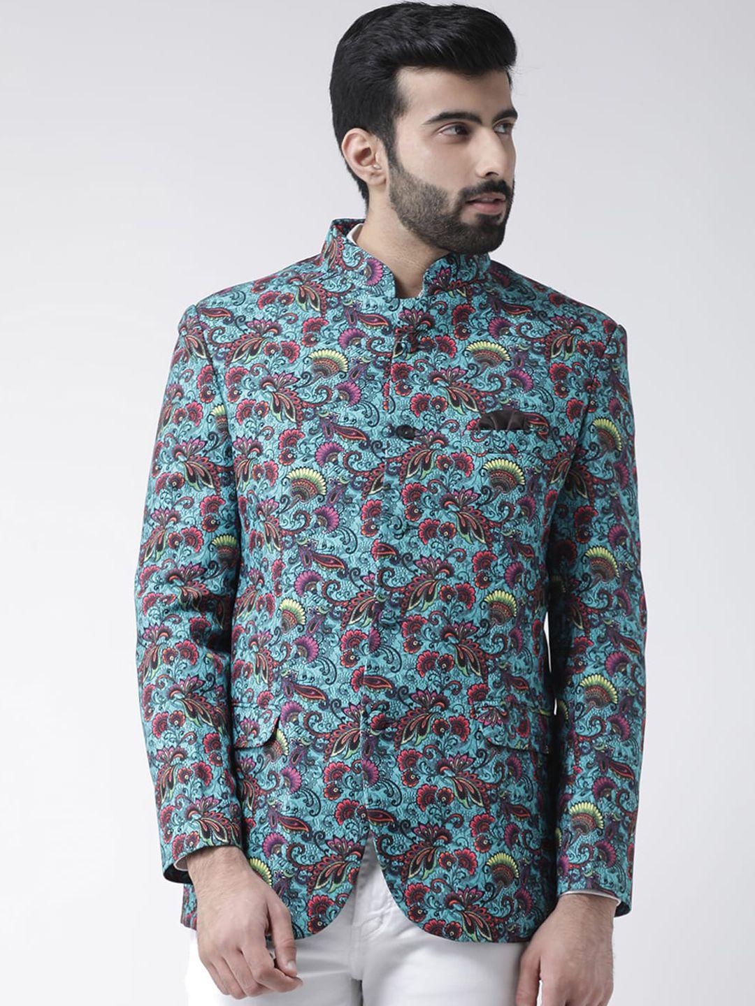 hangup men blue & pink printed bandhgala blazer