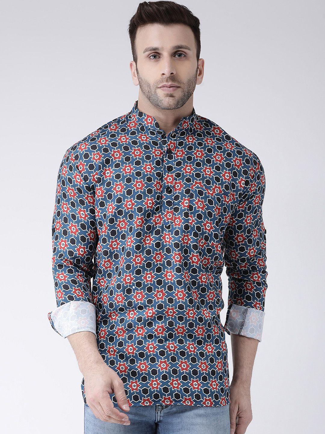 hangup men blue & red printed straight kurta