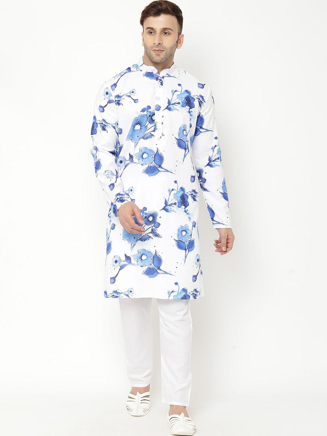 hangup men blue & white floral printed kurta with pyjamas