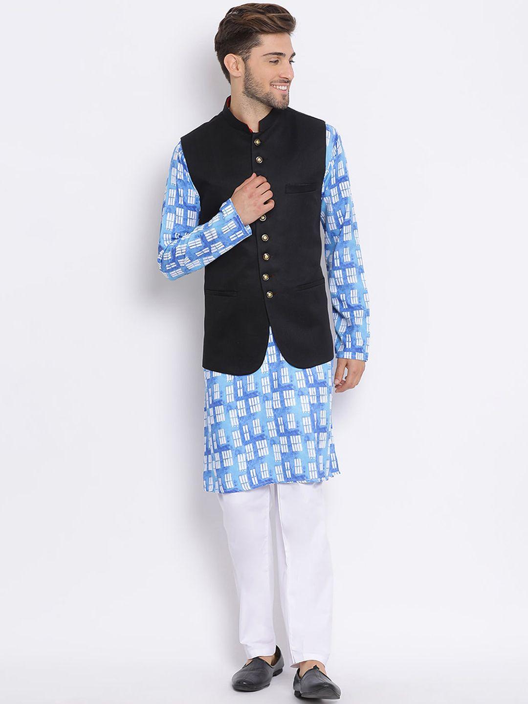 hangup men blue & white printed kurta set with waistcoat