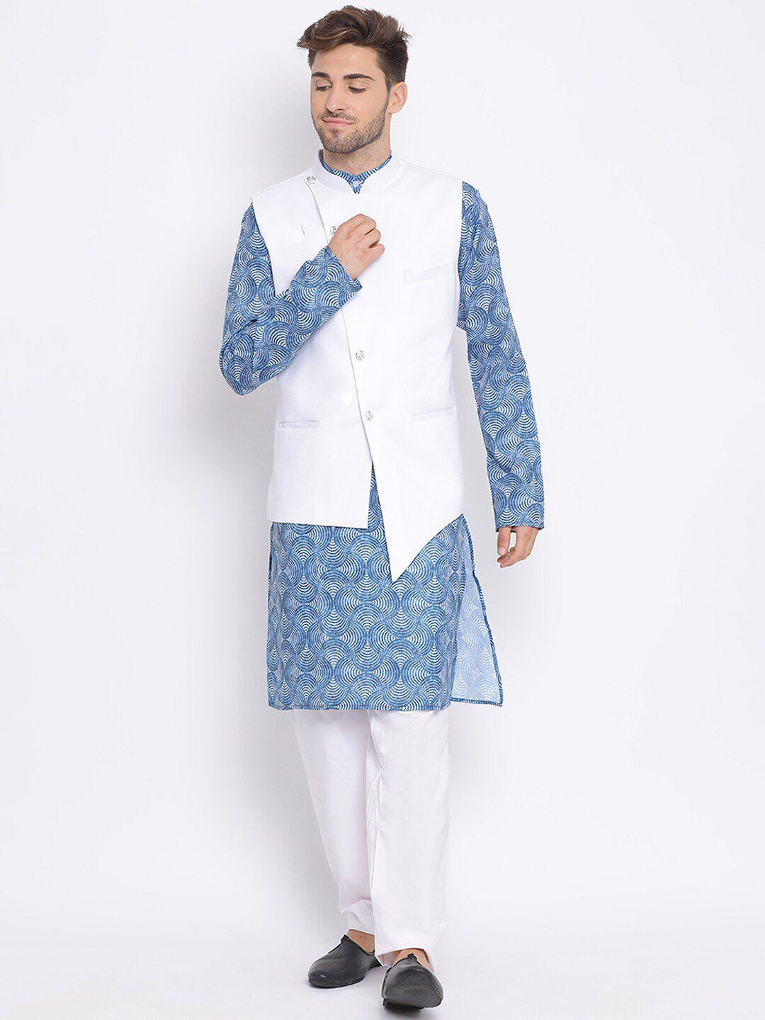 hangup men blue & white printed kurta with pyjamas & waistcoat