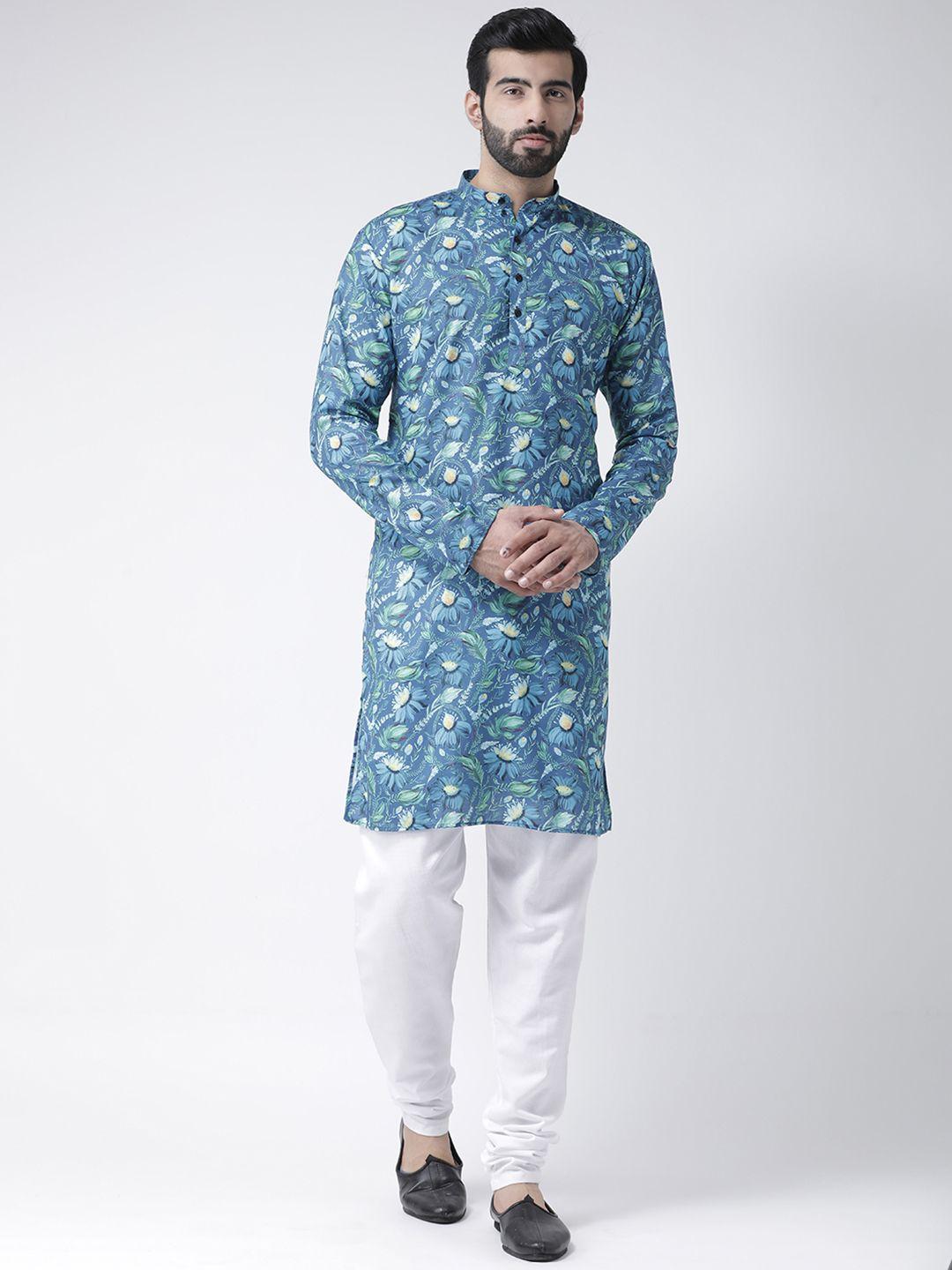 hangup men blue & white printed kurta with pyjamas