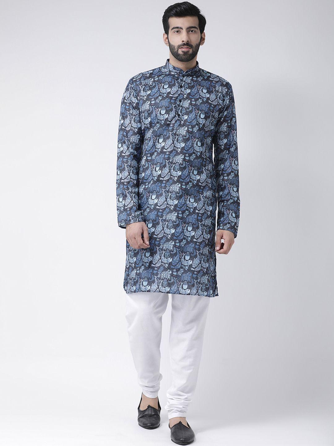 hangup men blue & white printed kurta with pyjamas