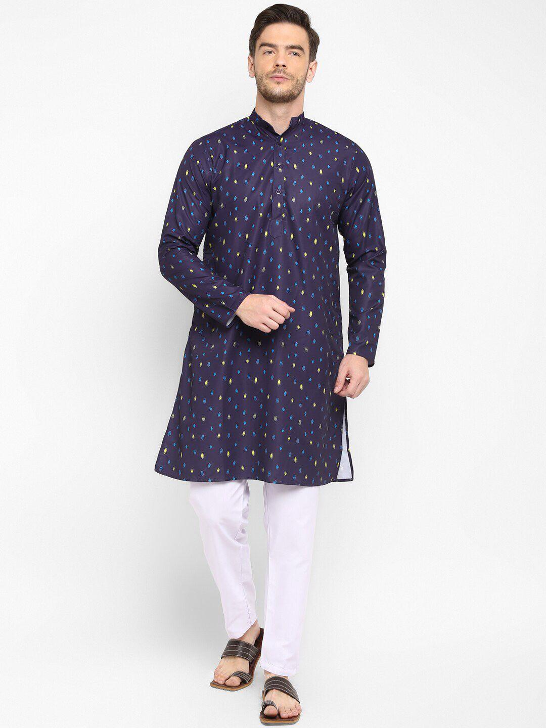 hangup men blue & white printed kurta with pyjamas