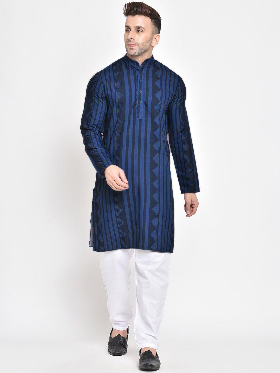 hangup men blue & white striped kurta with pyjamas