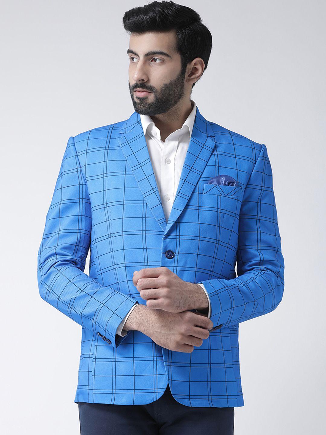 hangup men blue checked regular-fit single-breasted blazer