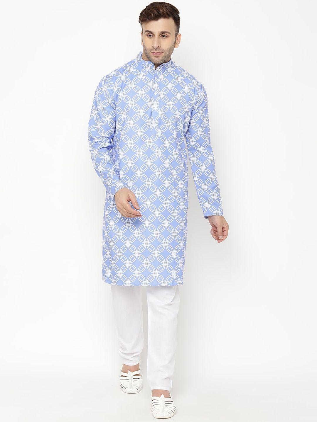 hangup men blue floral printed kurta with pyjamas