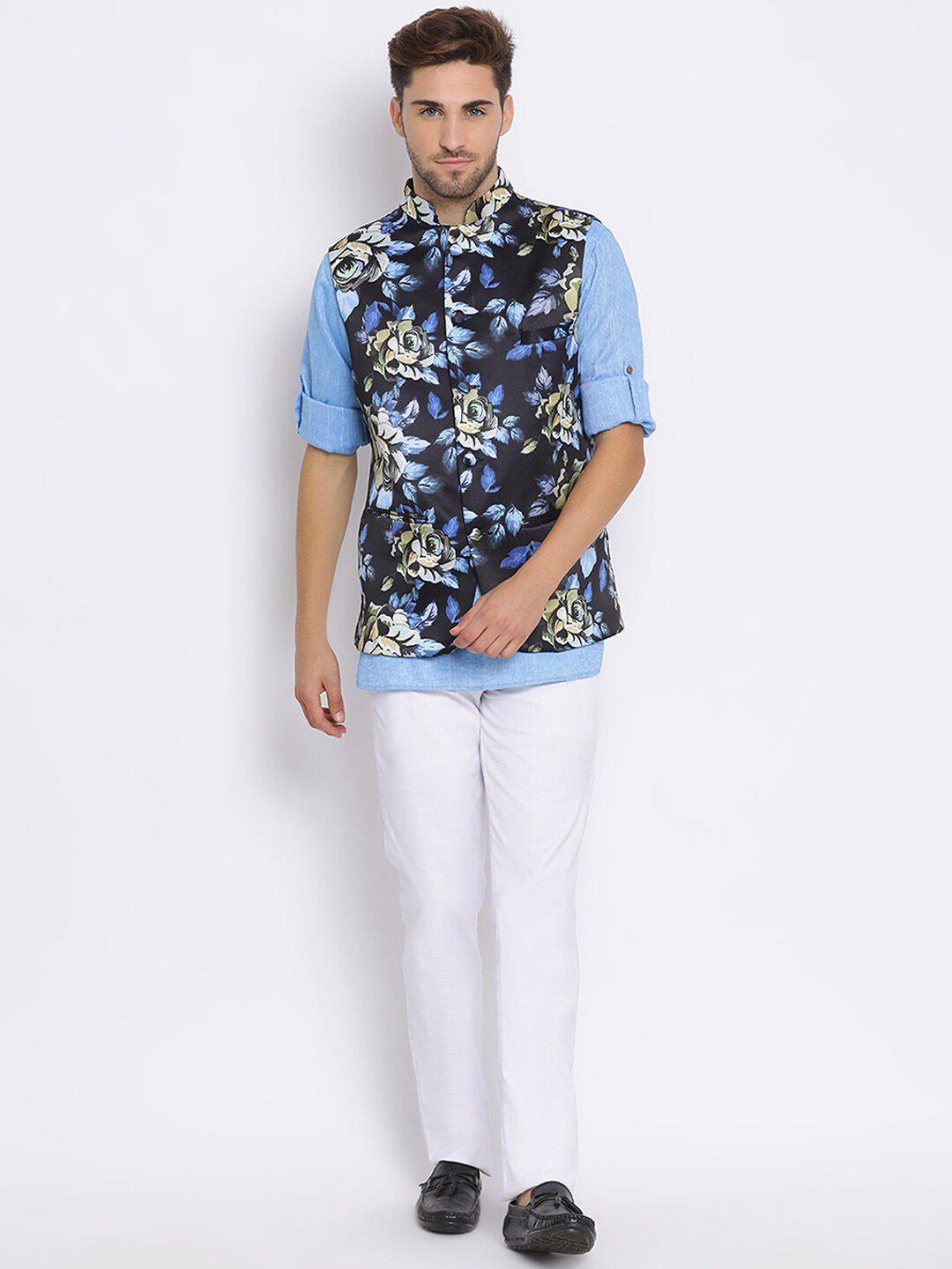 hangup men blue printed kurta with pyjamas & nehru jacket set