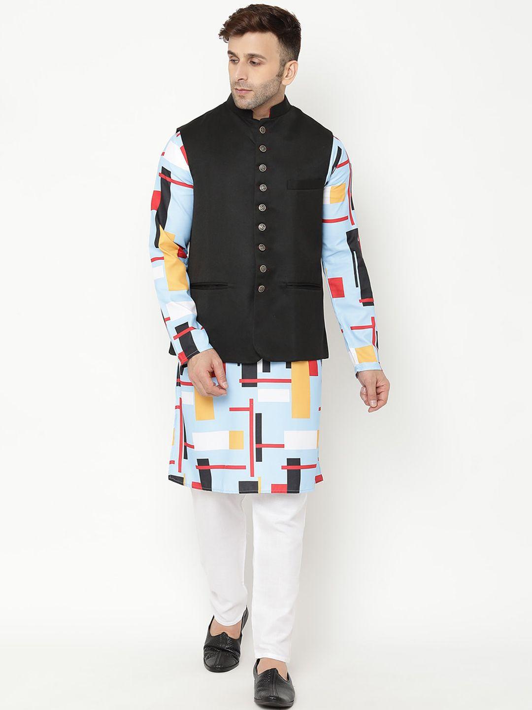 hangup men blue printed kurta with pyjamas & nehru jacket