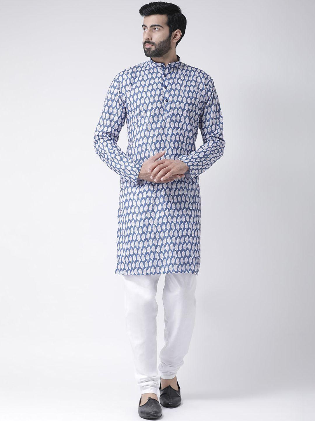 hangup men blue printed pure cotton kurta with churidar