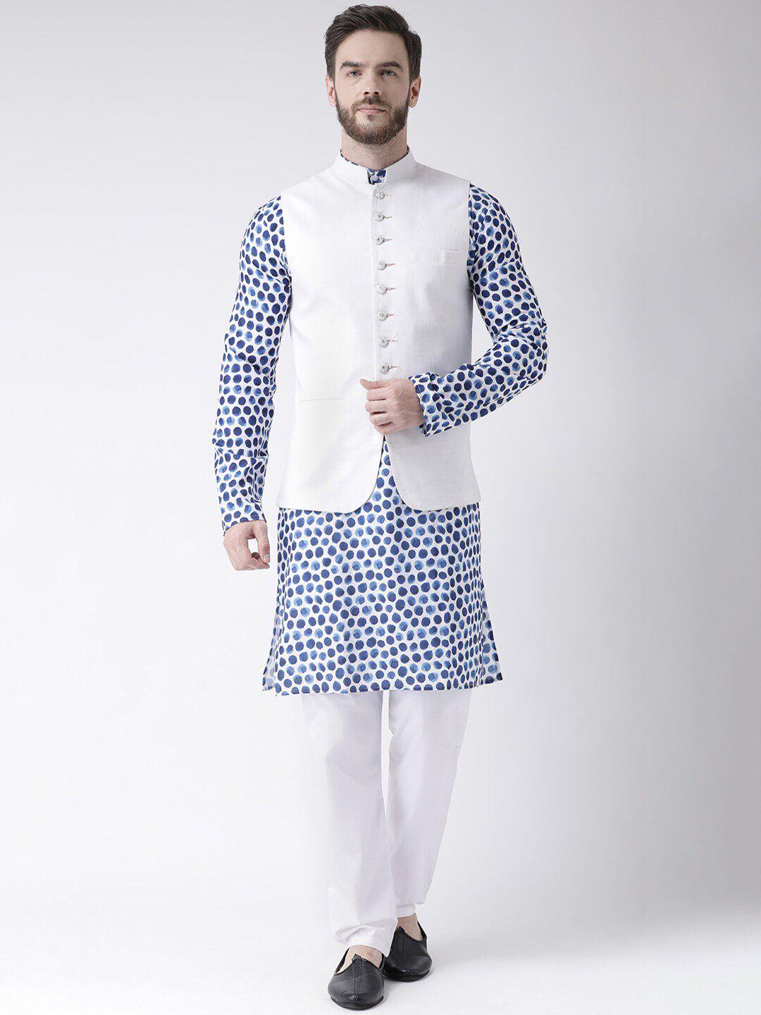 hangup men blue printed pure cotton kurta with pyjamas & nehru jacket