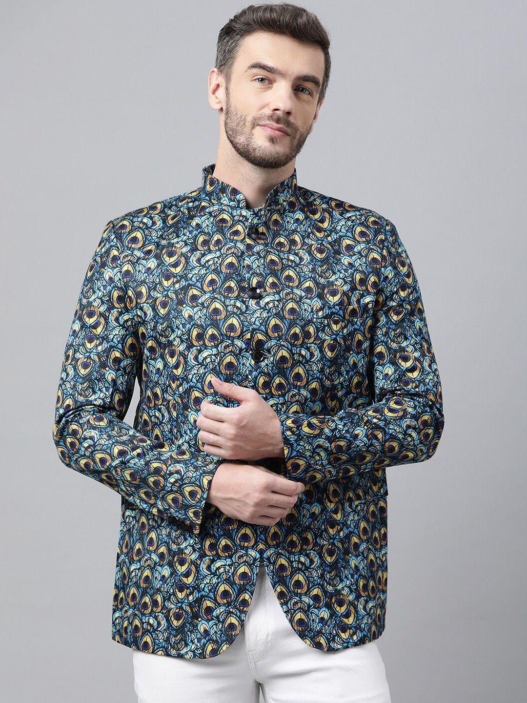 hangup men blue printed regular-fit single-breasted blazer