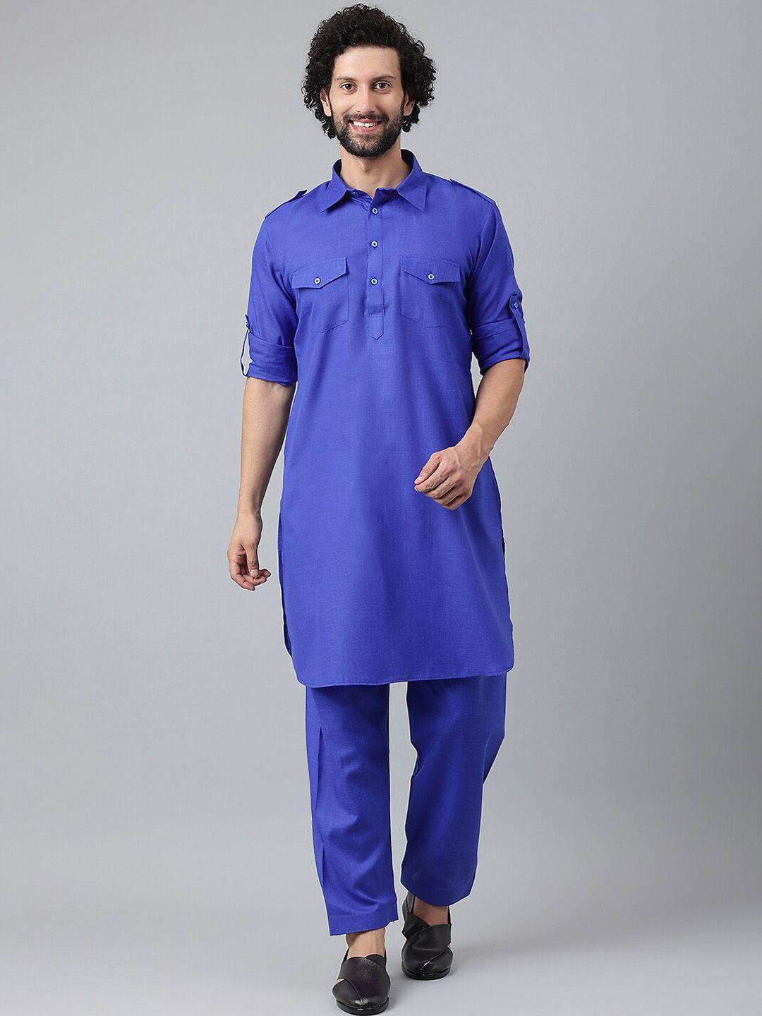 hangup men blue pure cotton pathani kurta with trouser set
