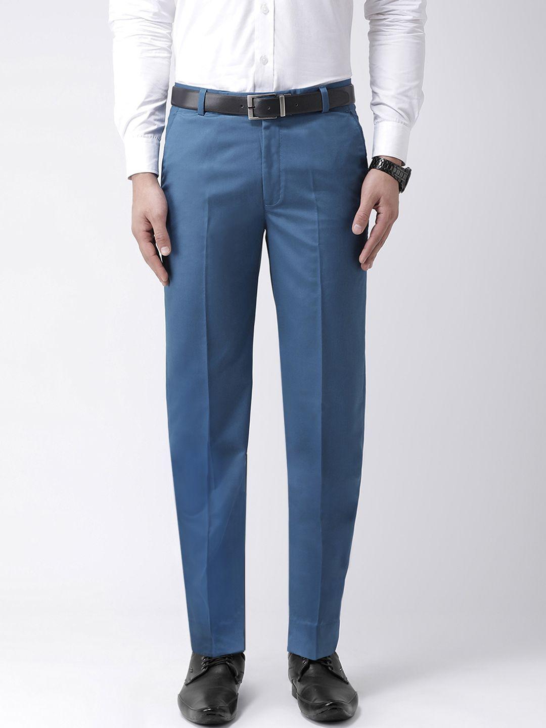 hangup men blue smart regular fit solid formal trousers