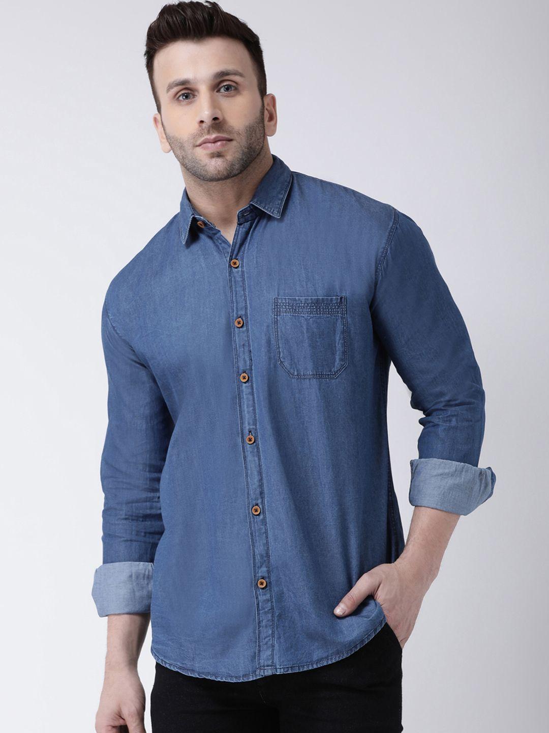 hangup men blue smart slim fit solid casual denim shirt