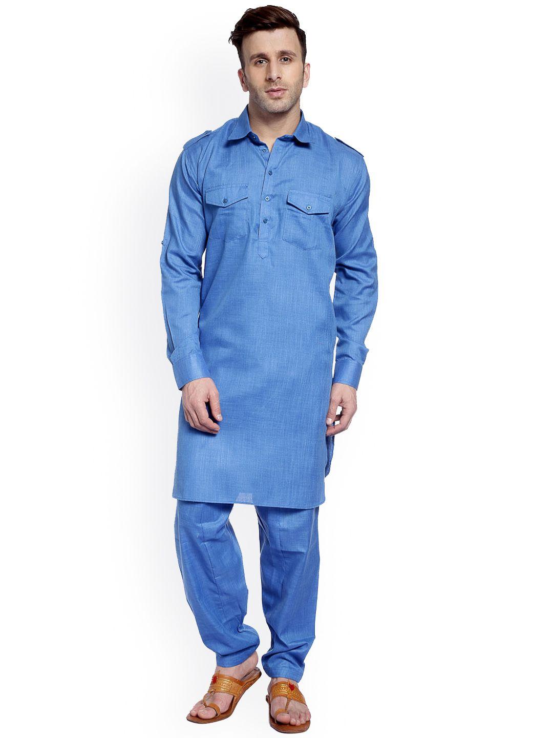 hangup men blue solid kurta with trousers