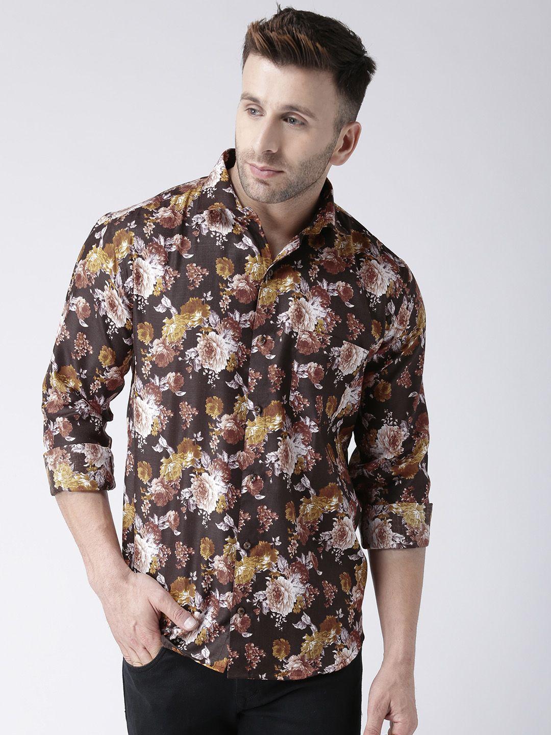 hangup men brown & off-white slim fit printed casual shirt