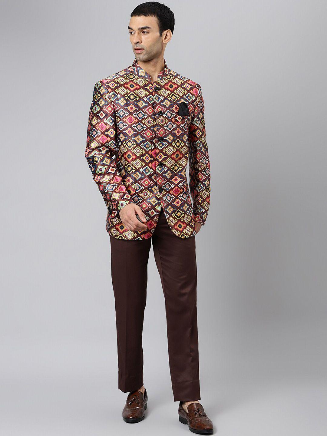 hangup men brown & yellow printed two-piece mandarin collar single breasted party suit