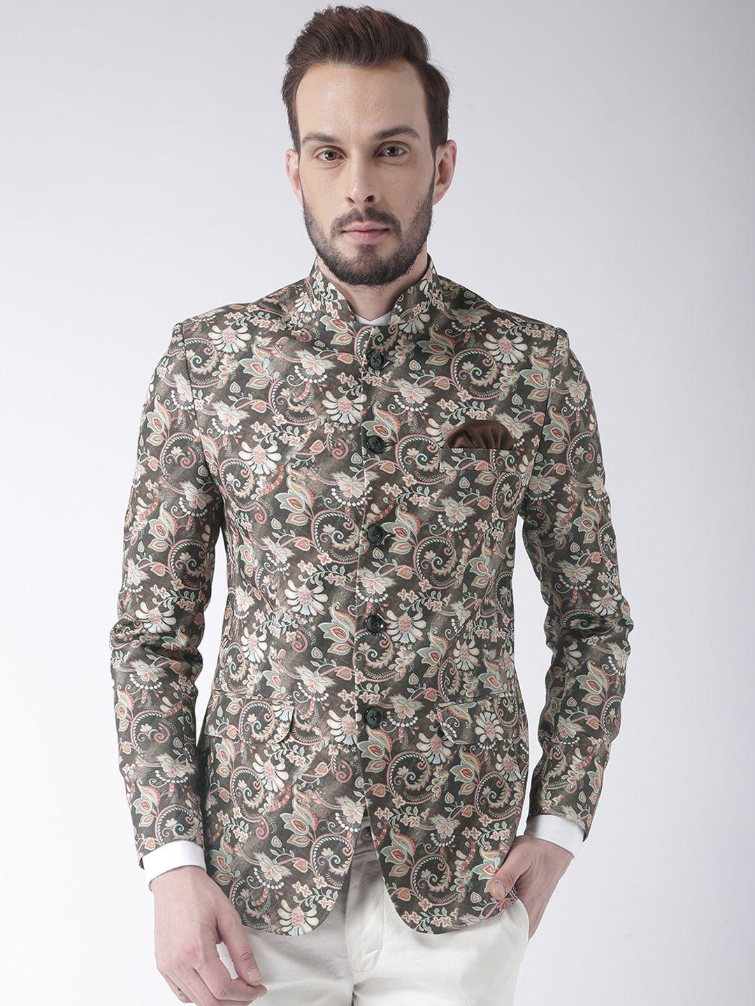 hangup men brown printed bandhgala blazer